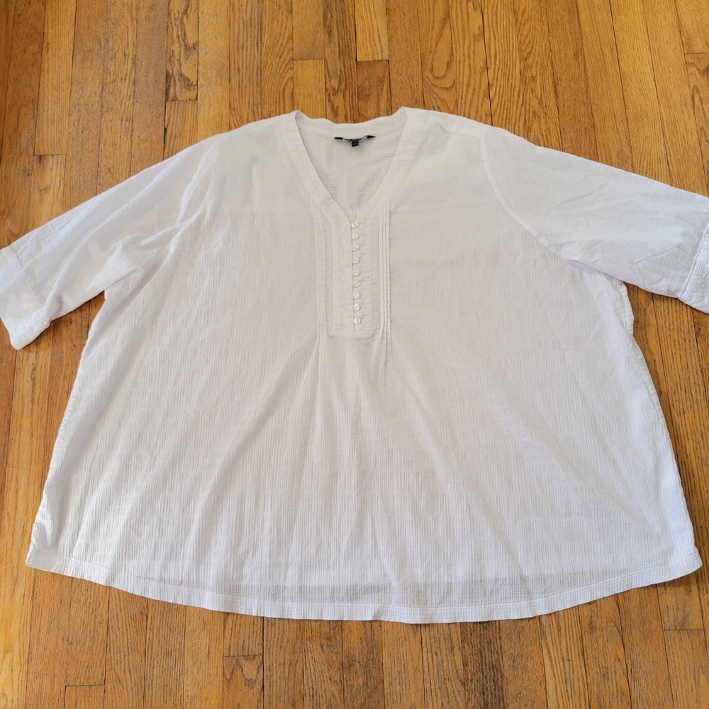 Ulla Popken 32/34 Blouse White Pintuck Button V Neck Neutral Coastal Granola